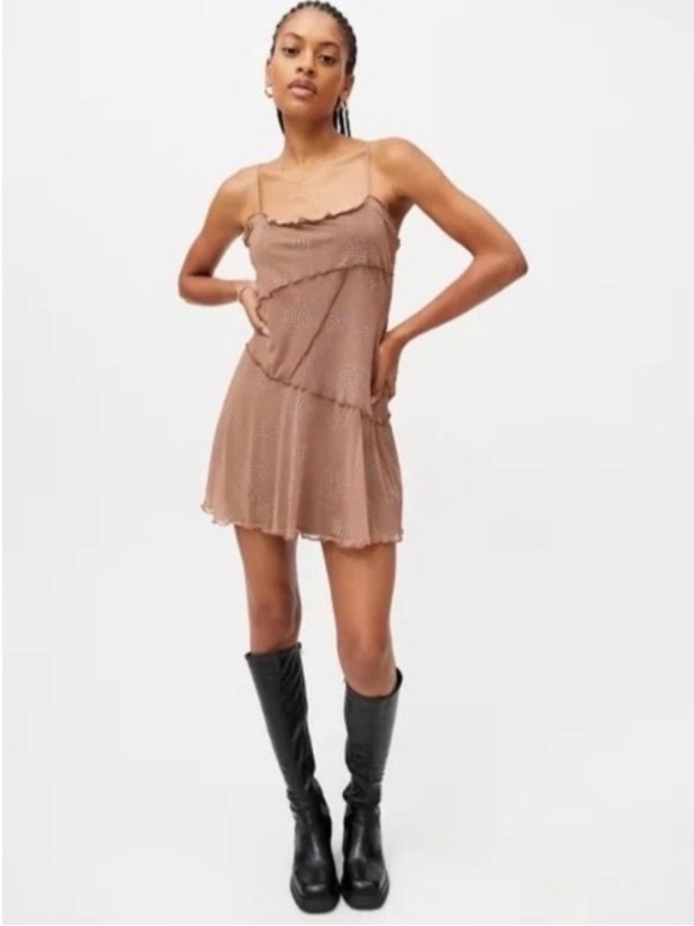 CUTE NEW Urban Outfitters Tan Mesh Ruffle-Trim Mini Dress